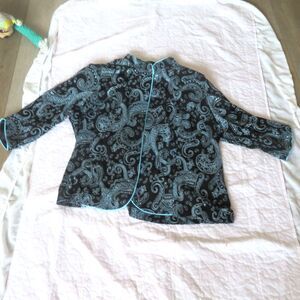 ALEX Evenings Black Turquoise Paisley Print Mandarin Collar Jacket w/Glitter 3X